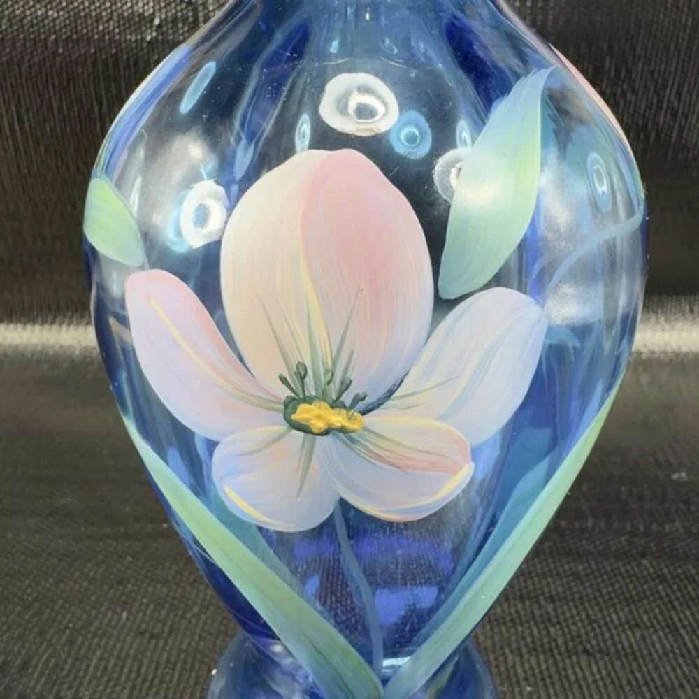 Vintage Fenton Art Glass Vase‎ Vessel Blue Hand Painted Flowers W Sticker Vase